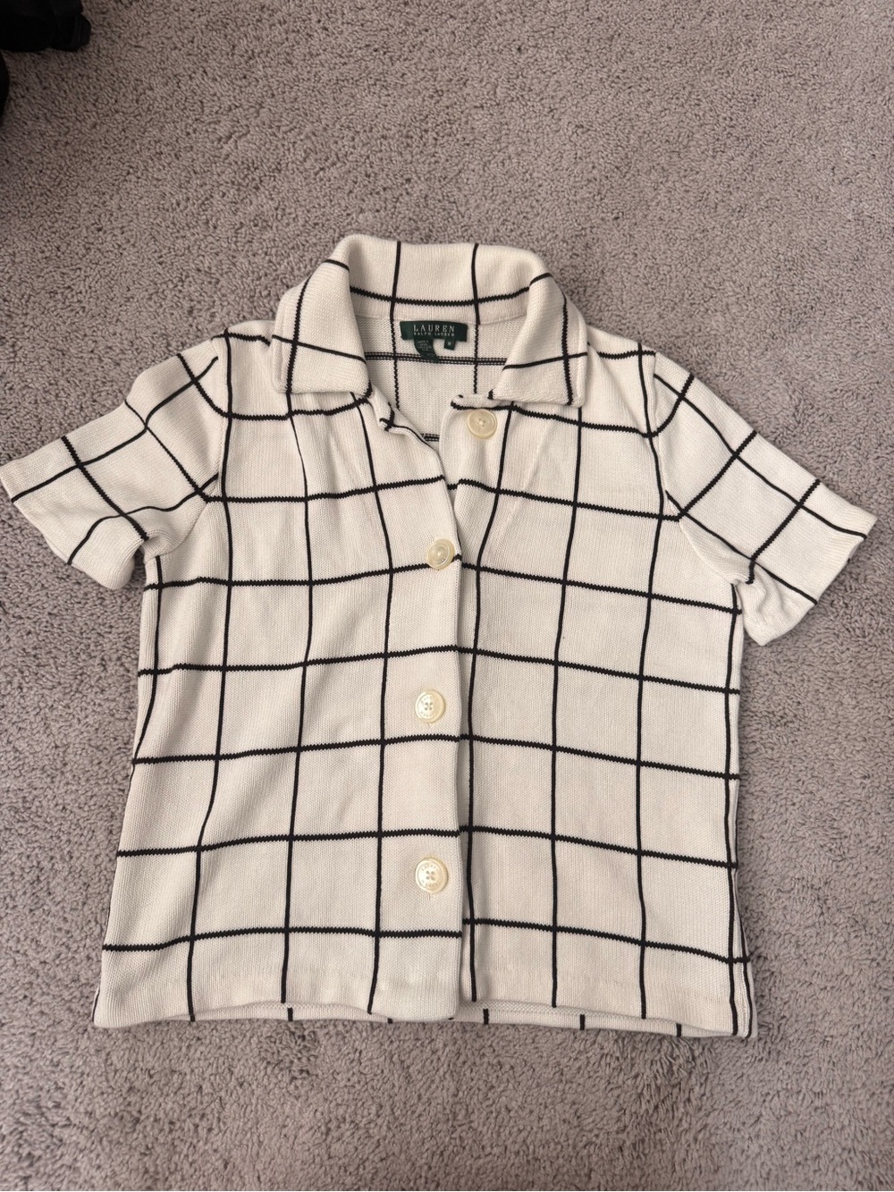 Ralph Lauren Cream Short-Sleeve Button-Up with Black Windowpane Grid